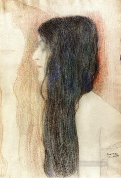 ギュスターヴ・クリムト Painting - ヌード・ヴェリタス・グスタフ・クリムトのスケッチを持つ長い髪の少女